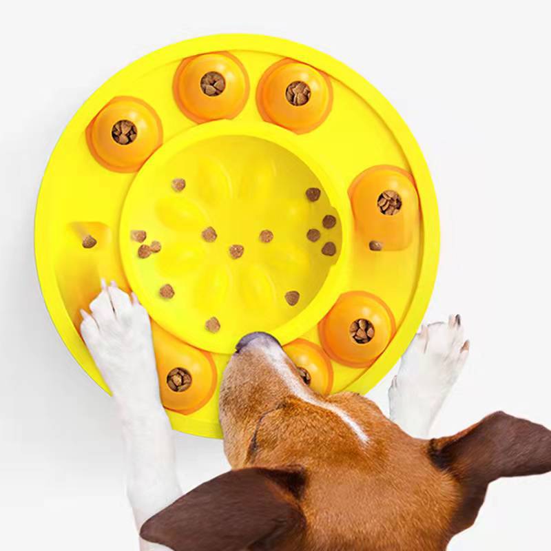 Interactive slow feeder puzzle bowl for dogs with non-slip base and spinning food turntable for mental stimulation and slower eating
